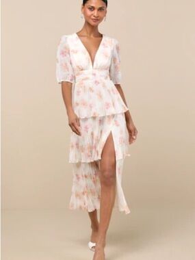 Lulu's Cream and Pink Floral Sheer Tiered Maxi Dress